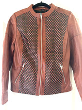 Real Leather Maude Jacket Womens S Cognac Black Checkered Woven Biker NWT