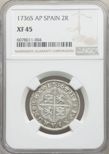 1736S AP SPAIN 2 REALES NGC XF45 SCARCE