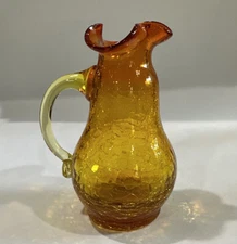 antique crackle glass pitcher vase Amber Pear Shaped With Amber Handle