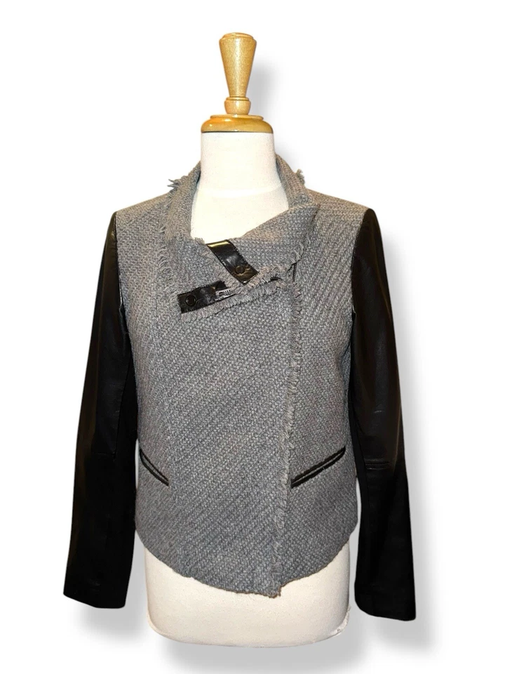 Jaqueta VINCE Boucle lã malha couro manga assim zíper com franja cinza/preto tamanho M - Imagem 3 de 4