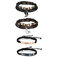 2PCS Ying Yang Multilayer and 2PCS Her King His Queen Braided Couple Bracelets