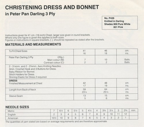 Peter Pan Knitting Pattern P426 Baby 3Ply Christening Dress and Bonnet 16"-18" - Picture 2 of 2