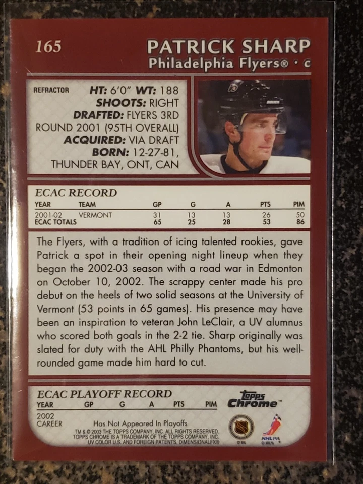 2002-03 Topps Chrome PATRICK SHARP Refractor RC! #165 Philadelphia Flyers! - Image 2 of 2
