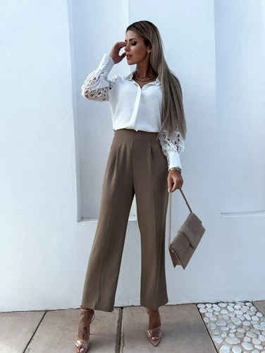 Blusa blanca de encaje con agujeros para mujer camisa de manga larga con botones - Bild 11 von 17