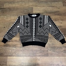 Vintage 1990s Black  White Abstract Leather Detail Cozy Knit Pullover Sweater L