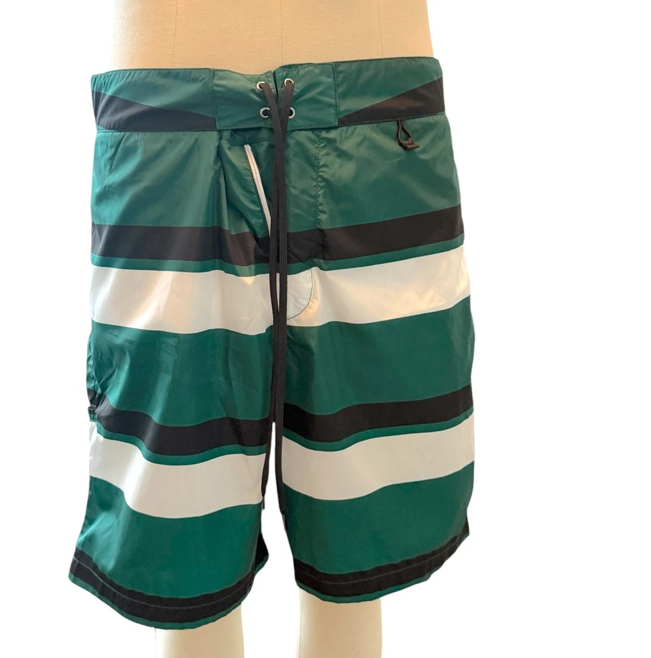 PRADA UB334 Men's Green Boxer Baiadera Nylon Striped Swim Suit Sz. 50- 34" Waist - Image 2 of 4