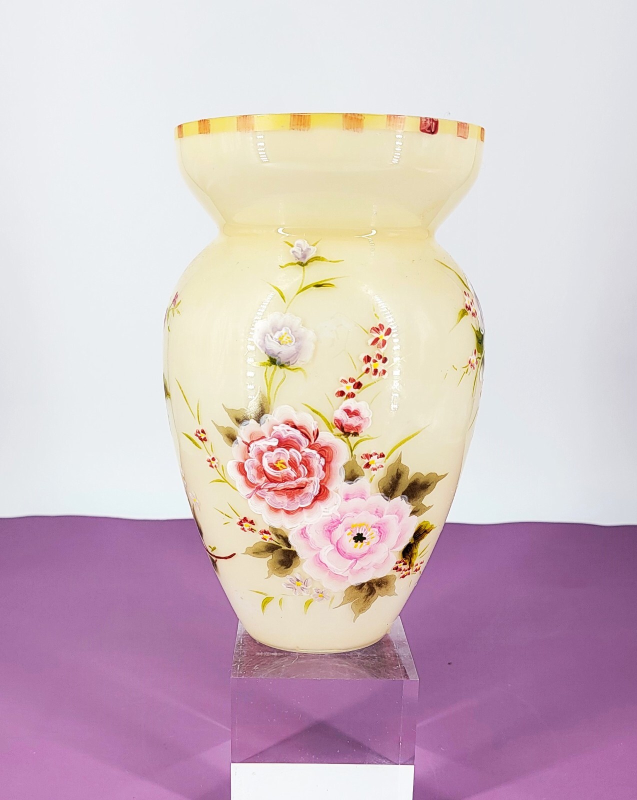 Victorian Hand-Painted Floral Ivory Glass Vase for Cottagecore Decor