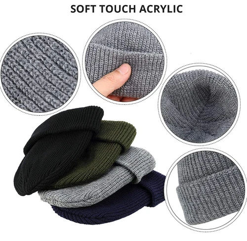 Mens Mini Short Fisherman Beanie Hats Plain Winter Warm Ribbed Knitted Skull Cap - Picture 6 of 26