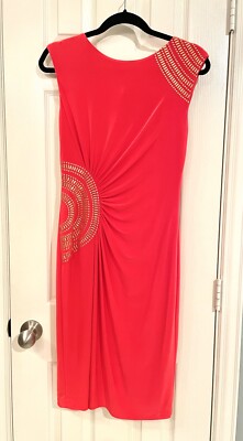 Cache Bodycon Salmon Orange Dress with Gold Details Ruched Bodice