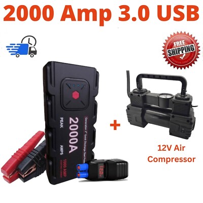 2000A Peak Car Jump Starter Power Bank – 12V Portable Booster Pack With USB QC3.0 & IP66 Waterproof For 8.0L Gas/6.5L Diesel