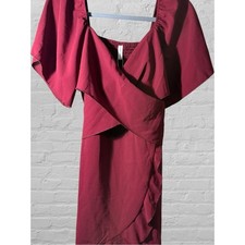 Off-Shoulder Ruffle Wrap Midi Dress in Wine
