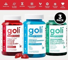 3 Bottles Goli Zero Sugar Best Seller Trio Set Gummies, 60 Counts Per Bottle