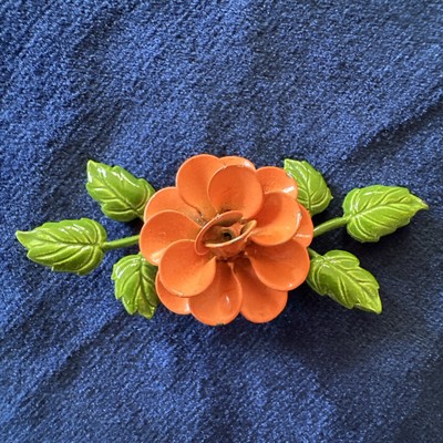 Vintage Orange Flower Metal Enamel Brooch Pin