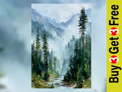Misty Mountain Forest 5''x7'' Druck auf mattem Papier | Öl Landschaft Kunstwerk