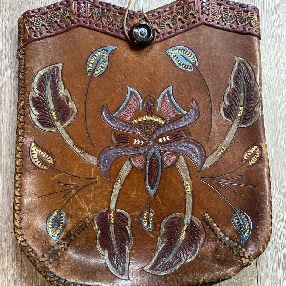 Rare! Vintage 1960s Hippie Hand Made Leather Tote Bag Purse Feather Orchid Motif - Image 4 of 4