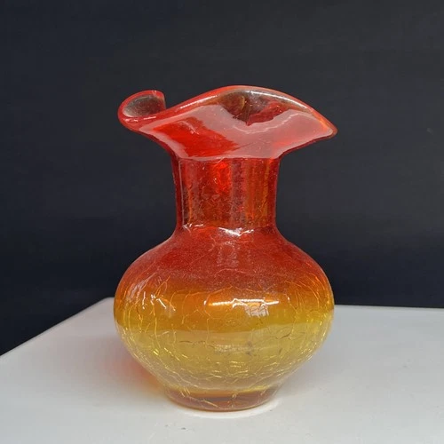 Vintage Blenko Crackle Glass Miniature Vase 4”