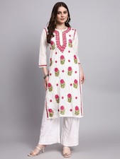 Women White Chanderi Kurti with Chikankari Embroidery