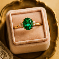 Oval Cut Emerald &Moissanite Engagement Ring, Straight Band Ring, Stackable Ring