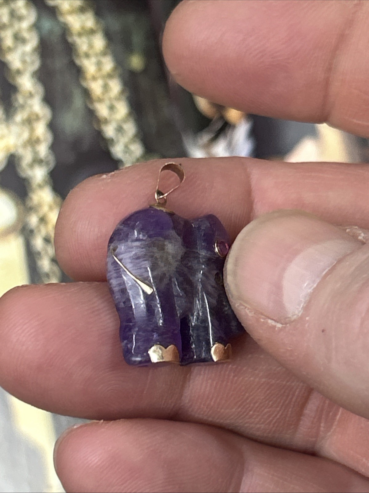 Solid 14k Yellow Gold Amethyst Ruby Elephant Pend… - image 4