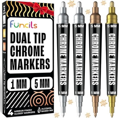 Flüssigchrom Lackstift - 4 Dual Tip Spiegeleffekt Silber, Gold, Kupfer 