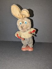 Russ Vintage Wind-up Bunny Toy with Striped Pants and Red Hands