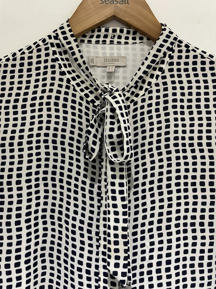Hobbs Pussy Bow Blouse Size 14 Monochrome Button Up Shirt Smart Geometric - Image 4 of 4