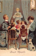 B132 New Year Clock Family Wine Glass Maid Serves Dinner embossed postcard