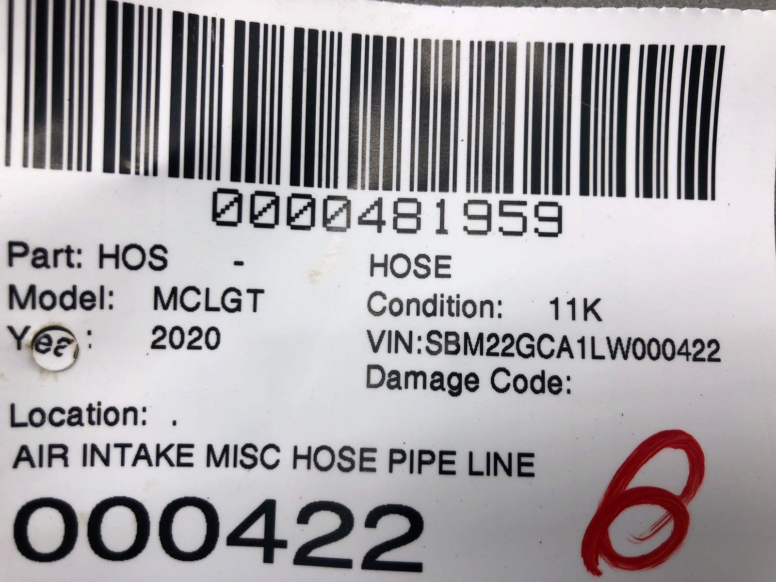2020-2023 MCLAREN GT AIR INTAKE MISC HOSE PIPE LINE W/SENSOR 22FA032GP OEM 2021