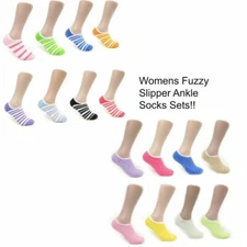 Women's Colorful Striped Solid Soft Casual Fuzzy Ankle Slipper Socks With Grip