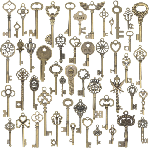 50Pcs Vintage Skeleton Key Charms Set Jewelry Making, Mixed Antique Bronze Keys