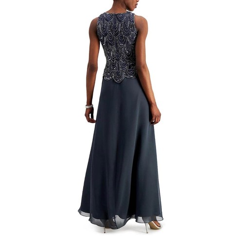 J KARA Women's Sleeveless Embellished A-Line Gown and Scarf Gray Metallic 16 - Picture 2 of 3