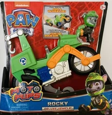 NIB Paw Patrol Moto Pups Rocky Deluxe Pull Back Motorcycle Vehicle Figure Toy