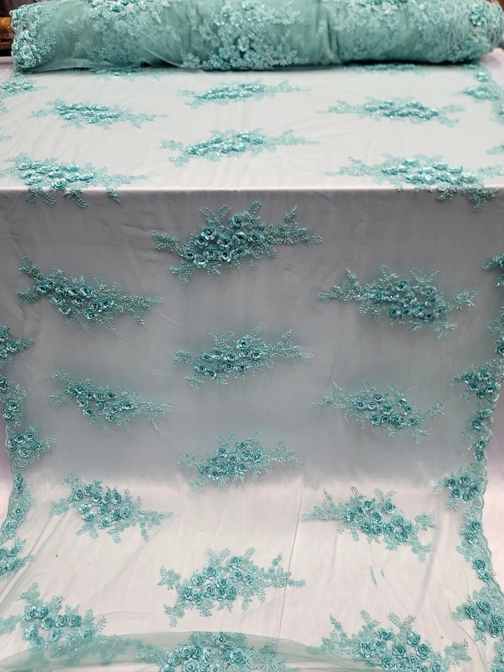 Mint 3D Floral Lace Fabric by the Yard Flowers on Mint Mesh for Dresses Prom - Image 4 of 4