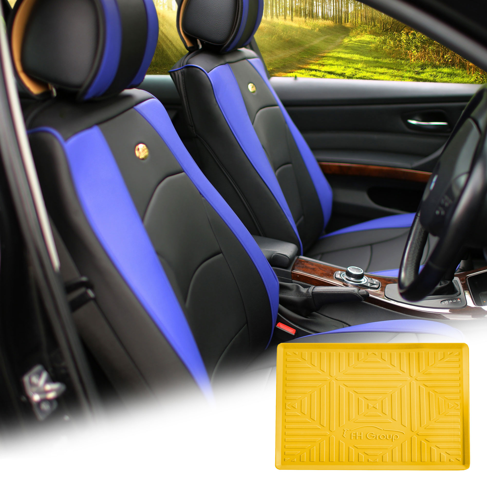 Leatherette Seat Cushion Covers Front Bucket Blue w/ Yellow Dash Mat For Sedan