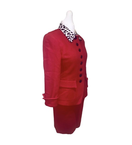 80s Vintage Christian Dior Red Wool Leopard Velvet Collar Skirt Suit Sz 8 Rare - Picture 2 of 5