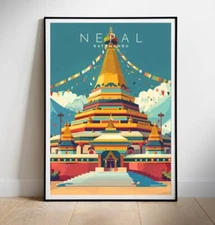 Printable digital wall art, Nepal, Kathmandu, Retro Travel Poster
