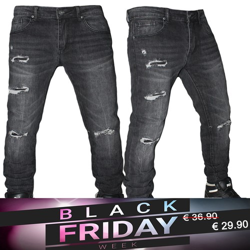 Jeans Uomo Denim strappati pantaloni casual neri Slim Fit elasticizzati 958  | eBay
