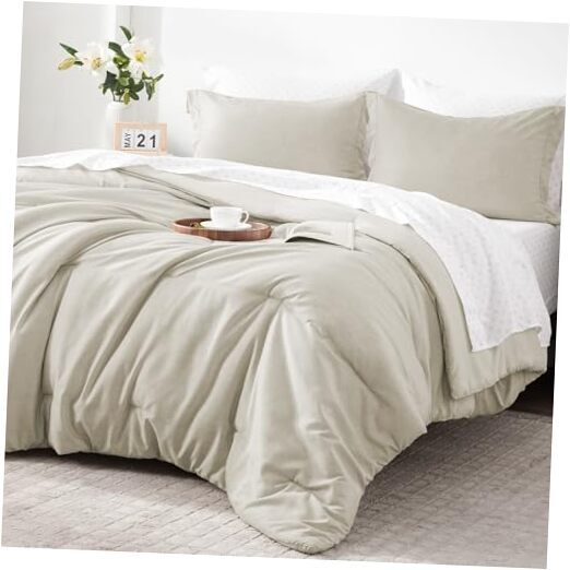 7 Pieces Beige Bedding Sets with Comforter, Modern Farmhouse Bed Queen Natural