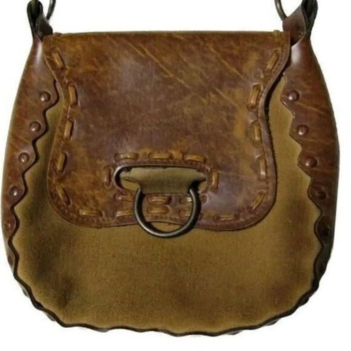 Vintage Rustic Leather Crossbody Saddle Bag w/ Whipstitch Detail & Metal D-Ring - Picture 3 of 10