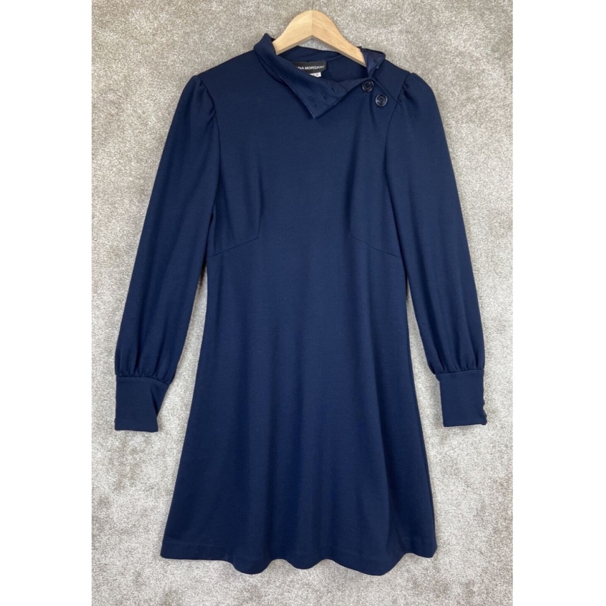 Donna Morgan Dress Womens Small Blue Long Sleeve Button Neck Stretch- 6698*