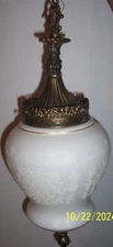 Vintage Glass Hanging, Chain Lamp Light Fixture White, Gold Trim Free Shipping