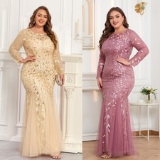 Plus Size Women's Long Sleeved Round Neck Mermaid Dress Embroidered Evening Gown