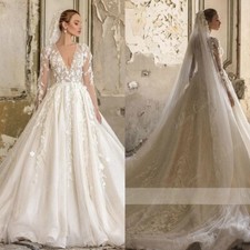 Elegant A-Line Wedding Dresses V-Neck Long Sleeved Lace Appliques Bridal Gowns