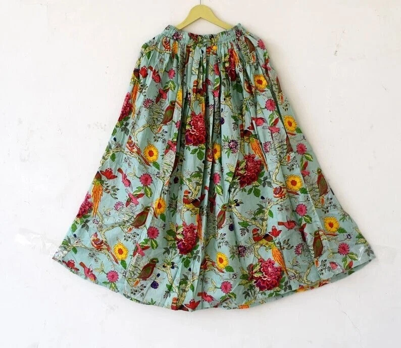 Indian Free Size Green Bird Skirt Cotton Skirt, Long Skirt Beachwear Skirts AU