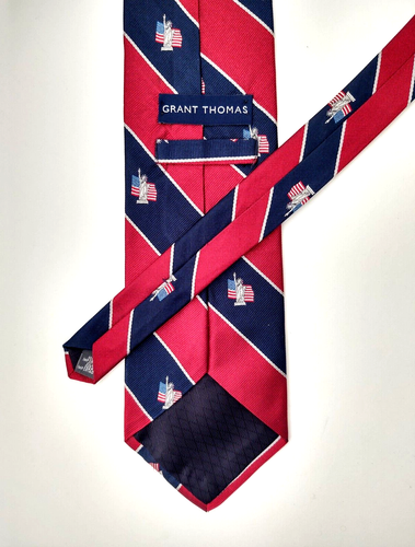 GRANT THOMAS Men's 100% Silk Tie USA STRIPED Red/Navy/Silver EUC - Picture 3 of 4