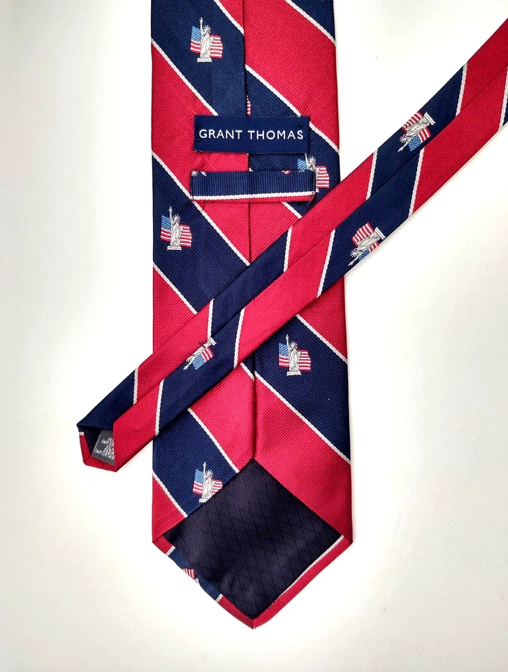 Corbata de hombre GRANT THOMAS 100 % seda EE. UU. A RAYAS roja/azul marino/plateada usada en excelente estado Foto 3 de 4