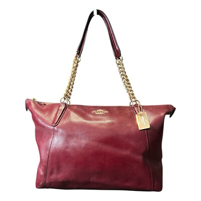 Coach Ava Bordeaux Red Pebbled Leather Tote Shoulder Bag Purse Chain Handle