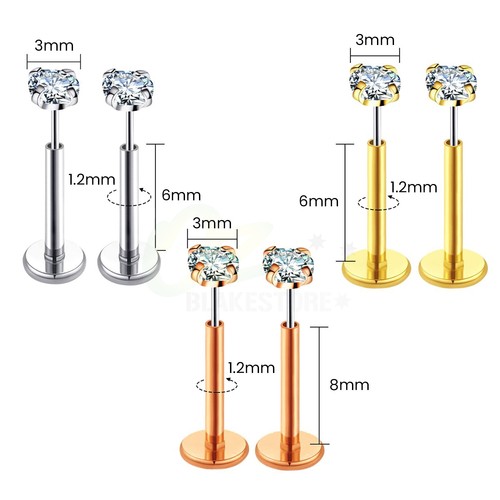 6PCS Push in Threadless Flat Back Earrings Studs Tragus Lip Piercing Jewellery - Picture 2 of 14