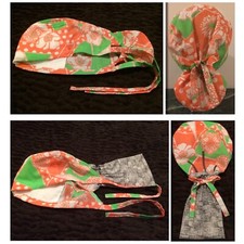 Lot of 2 Floral scrub chef cap/hats cotton terry cloth sweat band pony pouch