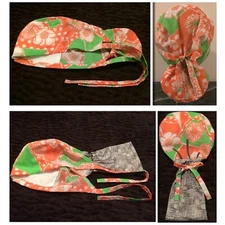 Lot of 2 Floral scrub chef cap/hats cotton terry cloth sweat band pony pouch